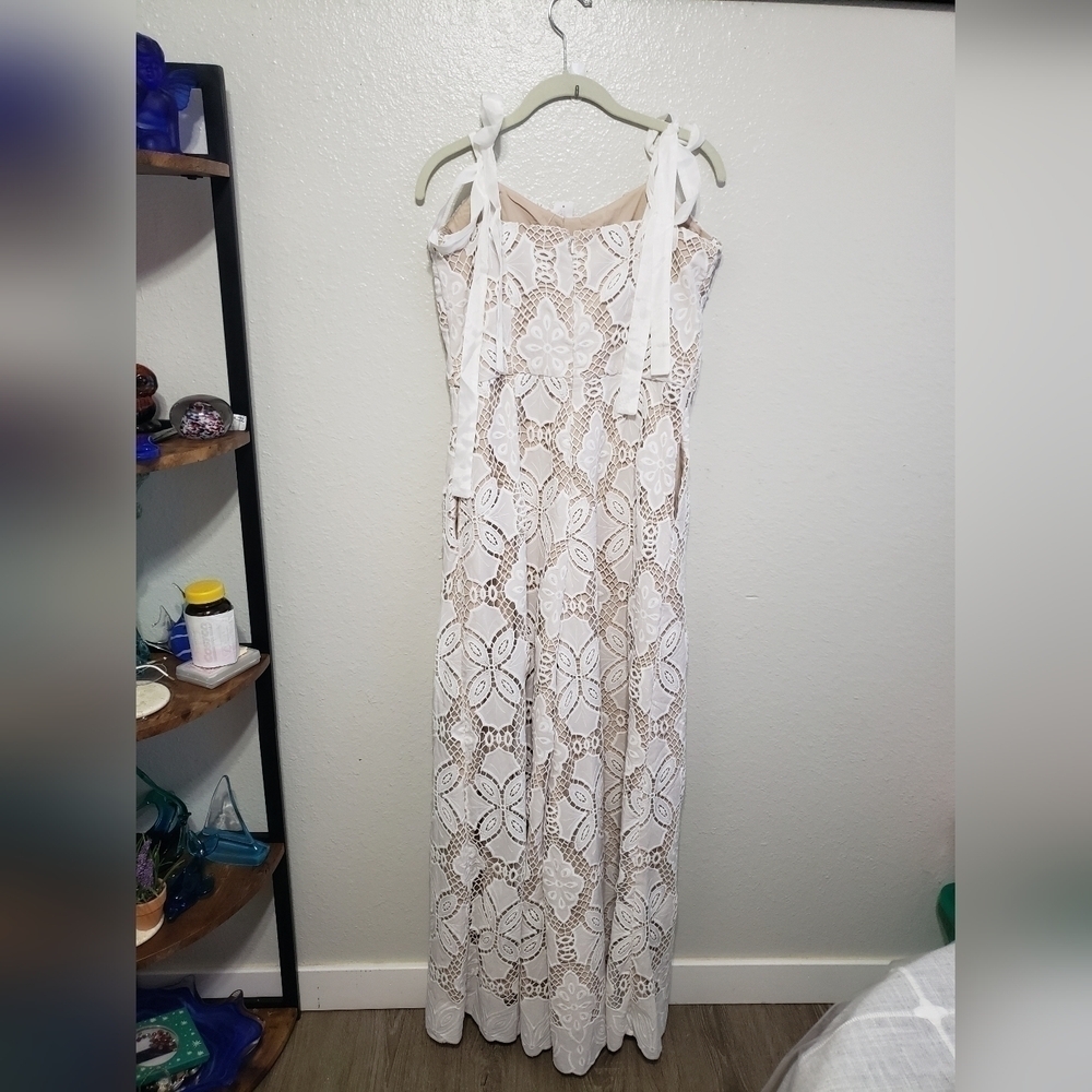NWT NY&Co Women's Just Me Tie Strap Sweetheart Neckline Crochet Jumpsuit, Size L - Picture 9 of 17